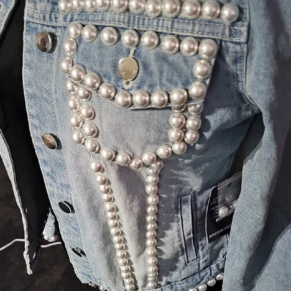 Pearl Embellished Denim Jacket - Picture 3 of 11